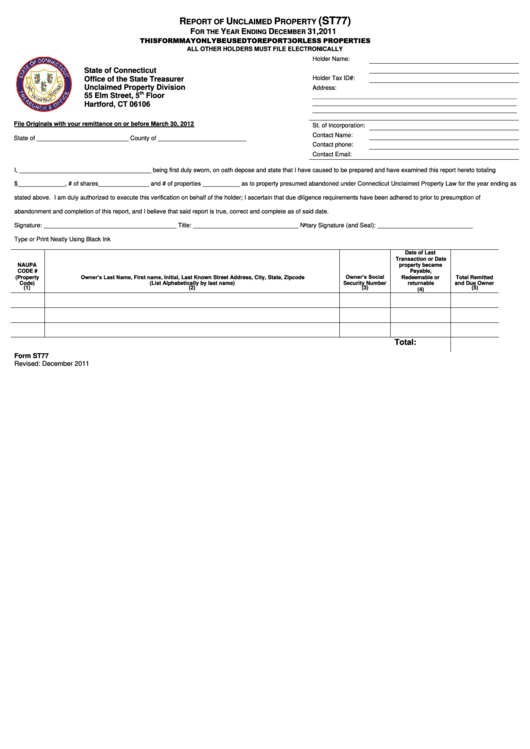 Form St77 - Report Of Unclaimed Property - 2011 Printable pdf