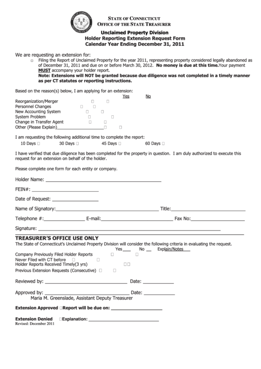 Holder Reporting Extension Request Form - Connecticut Trasurer