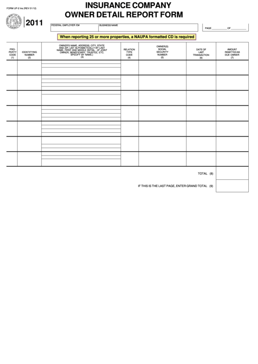 Form Up-2 Ins - Insurance Company Owner Detail Report - Georgia Department Of Revenue - 2011 Printable pdf