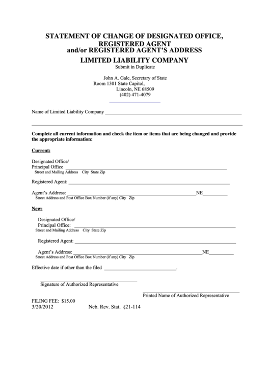 Fillable Statement Of Change Of Designated Office, Registered Agent And/or Registered Agent