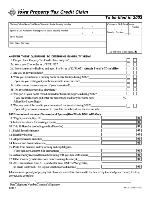 Form 54-001 - Iowa Property Tax Credit Claim - 2003 Printable pdf