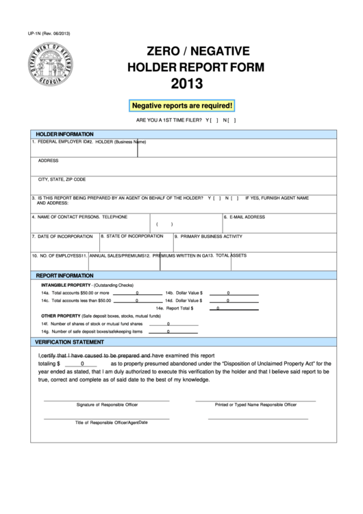 Fillable Form Up-1n - Zero / Negative Holder Report Form - 2013 Printable pdf