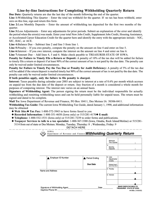 Form 44-095a - Withholding Quarterly Return - Iowa Department Of Revenue And Finance Printable pdf