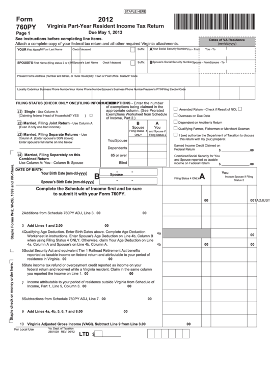 Fillable Form 760py - Virginia Part-Year Resident Income Tax Return ...