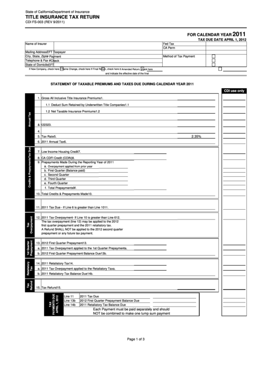 Fillable Form Cdi Fs-003 - Title Insurance Tax Return - 2011 Printable pdf