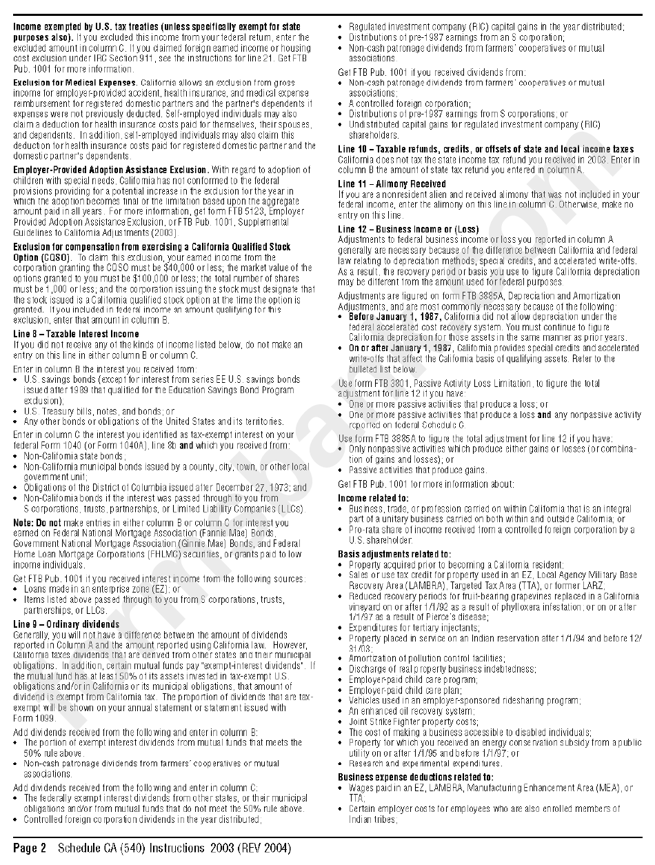 Instructions For Shcedule Ca(540) - California Adjustments - Residents - 2003