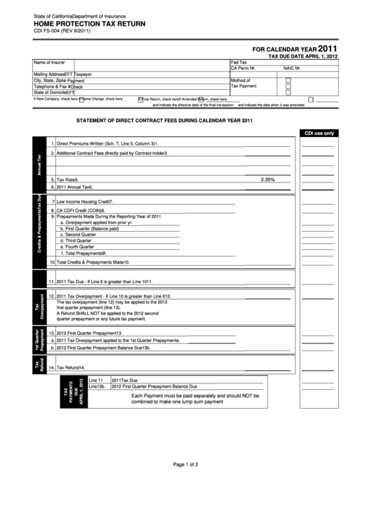 Fillable Form Cdi Fs-004 - Home Protection Tax Return - California Department Of Insurance - 2011 Printable pdf