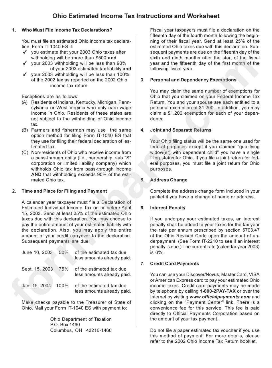 Ohio Estimated Income Tax Instructions And Worksheet - 2003
