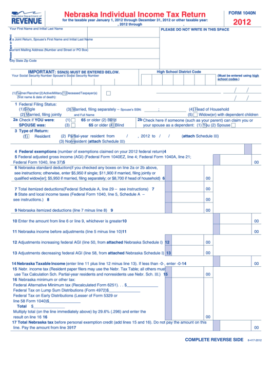 Form 1040n - Nebraska Individual Income Tax Return - Department Of Revenue - 2012 Printable pdf