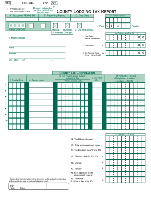 Fillable Form 13-32 - County Lodging Tax Report - Oklahoma Tax Commission Printable pdf