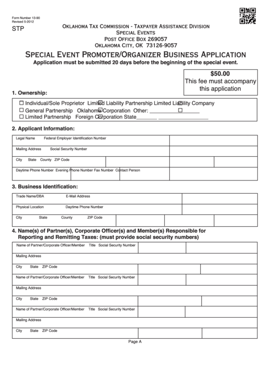 Fillable Form 13-90 - Special Event Promoter/organizer Business Application Printable pdf