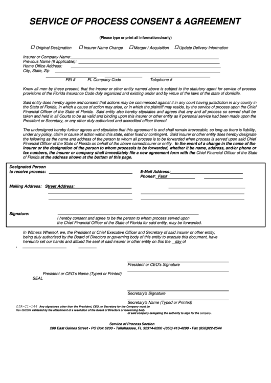 Form Oir-C1-144 - Service Of Process Consent And Agreement - Florida Office Of Insurance Regulation Printable pdf
