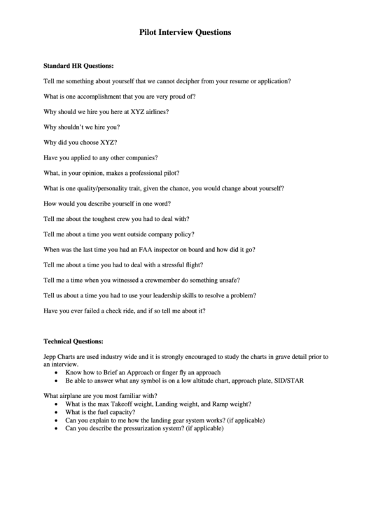 Pilot Interview Questions Template Printable pdf