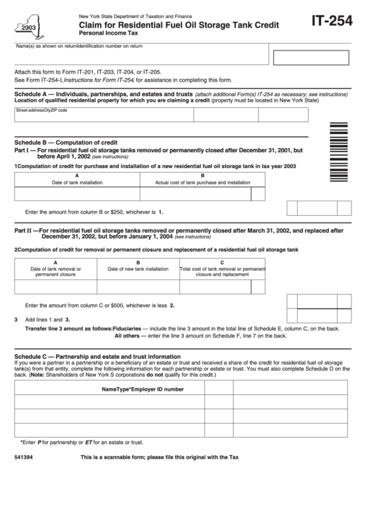 Fillable Form It-254 - Claim For Residential Fuel Oil Storage Tank Credit - New York State Department Of Taxation And Finance - 2003 Printable pdf