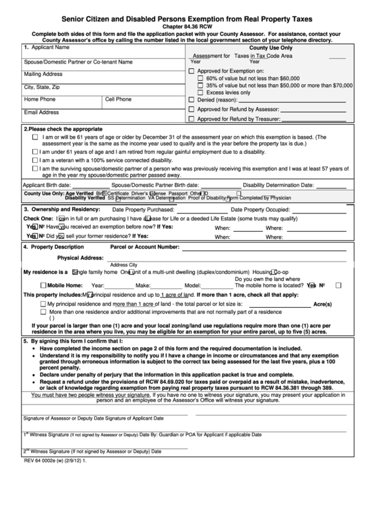 Fillable Form Rev 64 0002e - Senior Citizen And Disabled Persons Exemption From Real Property Taxes Printable pdf
