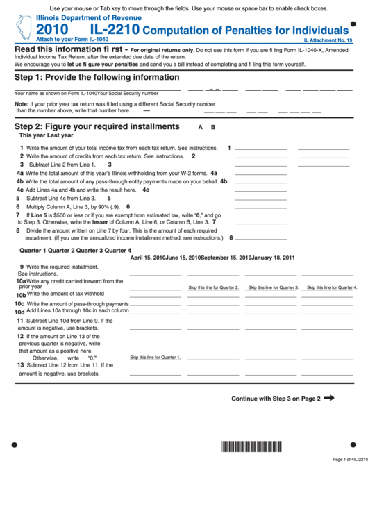 Fillable Form Il-2210 - Computation Of Penalties For Individuals - 2010 Printable pdf