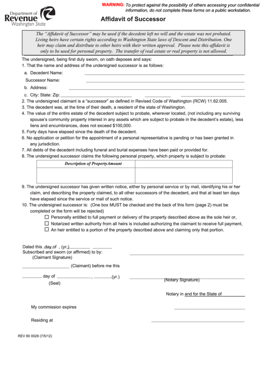 Fillable Affidavit Of Successor - Washington Department Of Revenue Printable pdf