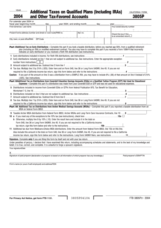 California Form 3805p - Additional Taxes On Qualified Plans (Including Iras) And Other Tax-Favored Accounts - 2004 Printable pdf