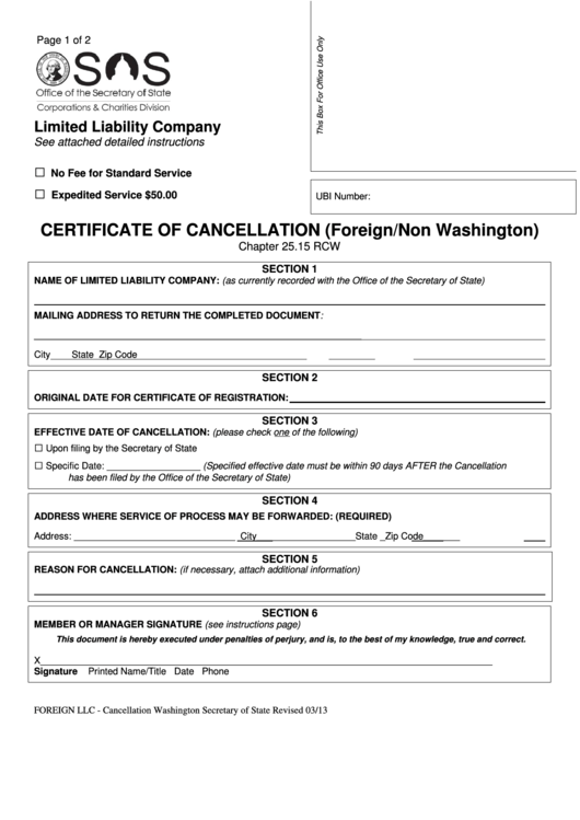 Fillable Certificate Of Cancellation (Foreign/non Washington) - Washington Secretary Of State Printable pdf