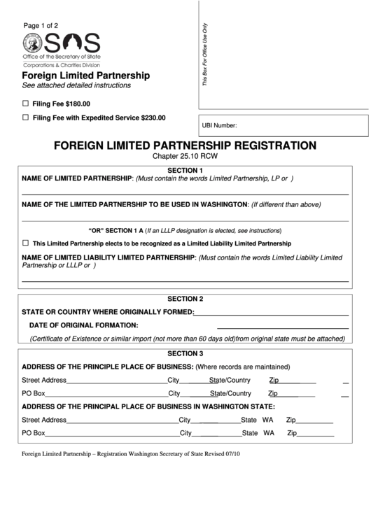 Fillable Foreign Limited Partnership Registration - Washington Secretary Of State Printable pdf
