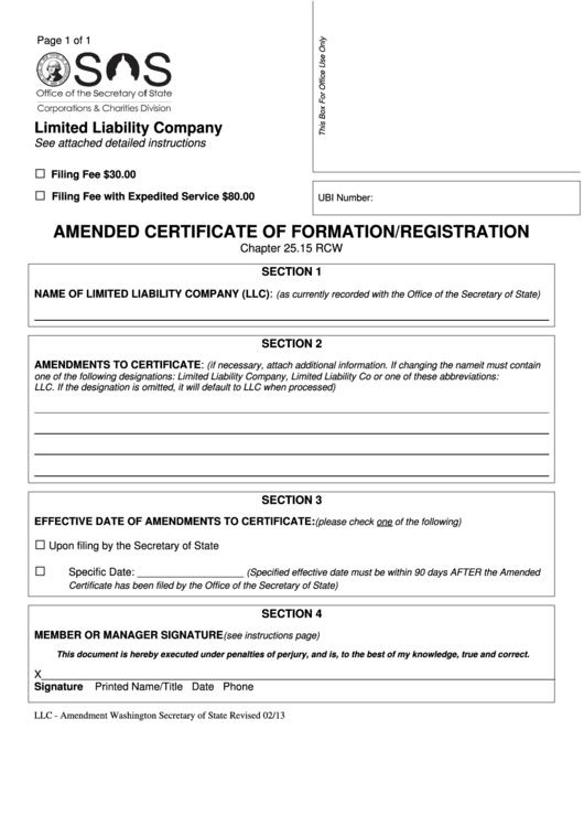 Fillable Amended Certificate Of Formation/registration Washington