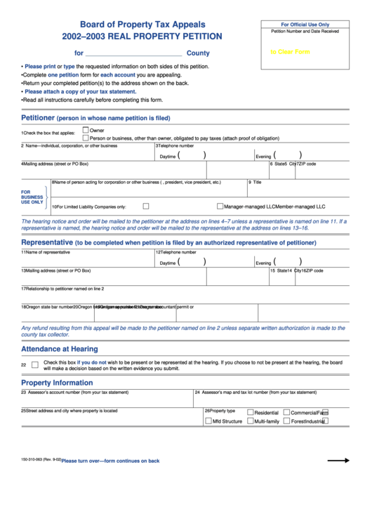 Fillable Form 150-310-063 - Real Property Petition - 2002-2003 Printable pdf