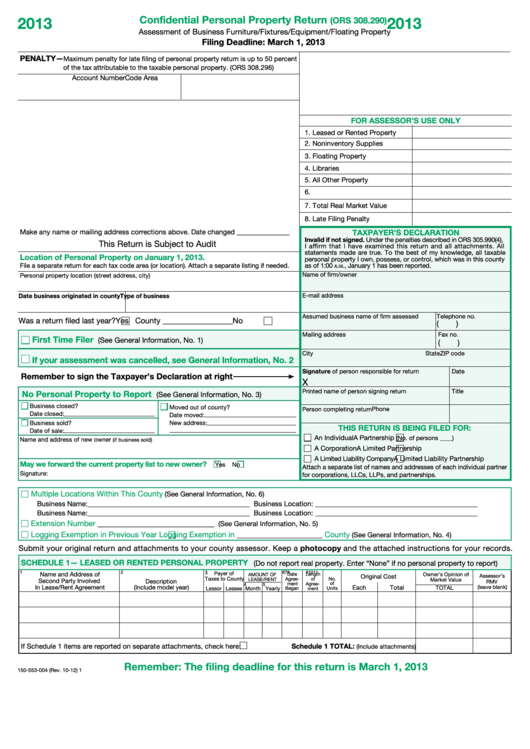 Fillable Form 150-553-004 - Confidential Personal Property Return - 2013 Printable pdf