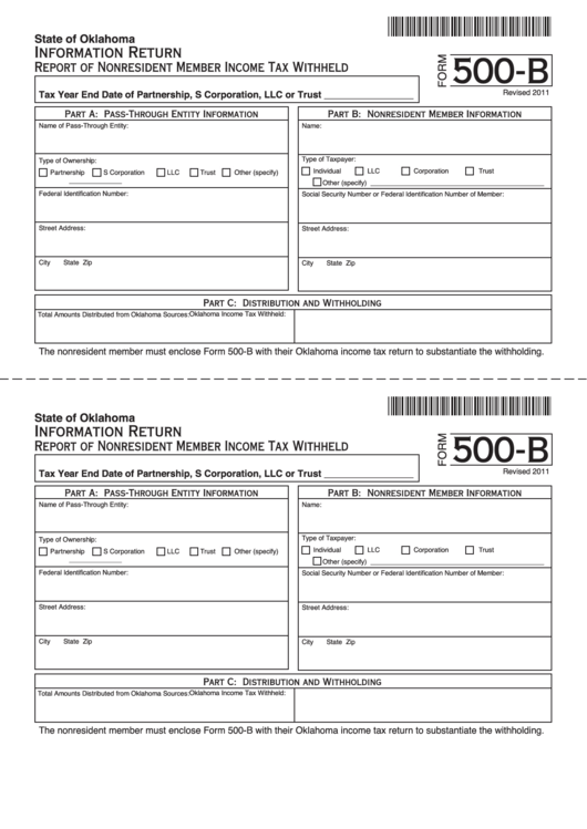 Fillable Form 500-B - Information Return - Report Of Nonresident Member Income Tax Withheld -2011 Printable pdf