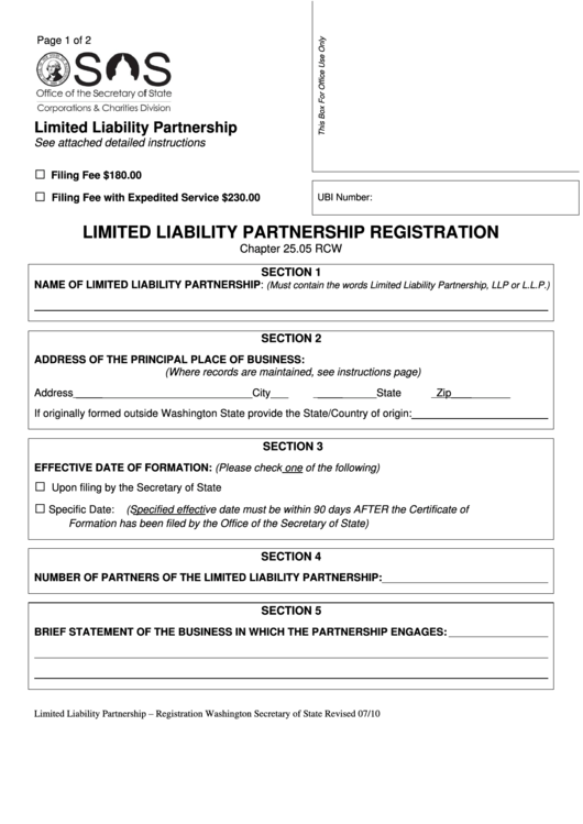 Fillable Limited Liability Partnership Registration - Washington Secretary Of State - 2010 Printable pdf