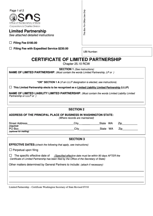 Fillable Certificate Of Limited Partnership - Washington Secretary Of State Printable pdf