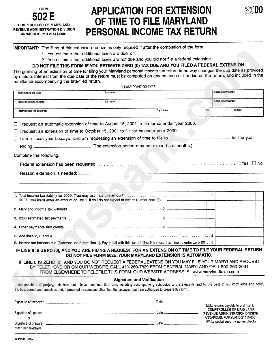 Form 502e - Application For Extension Of Time To File Maryland Personal Income Tax Return - 2000