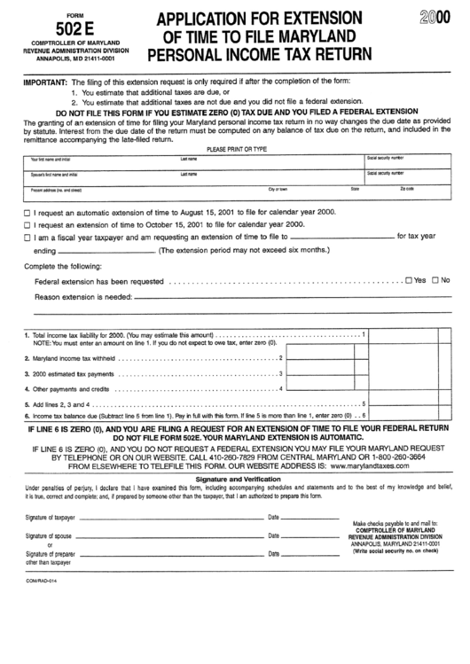 Form 502e - Application For Extension Of Time To File Maryland Personal Income Tax Return - 2000 Printable pdf