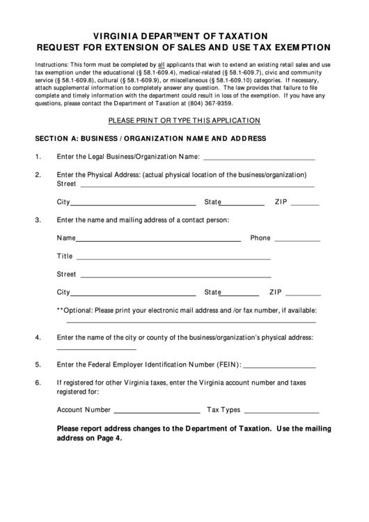 Request For Extension Of Sales And Use Tax Exemption - Virginia Department Of Taxation Printable pdf