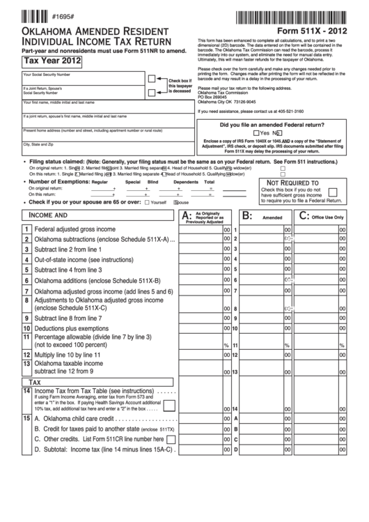 Fillable Form 511x - Oklahoma Amended Resident Individual Income Tax Return - 2012 Printable pdf