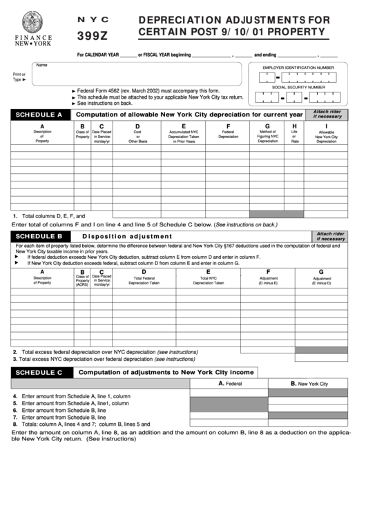 Form Nyc 399z - Depreciation Adjustments For Certain Post 9/10/01 Property Printable pdf