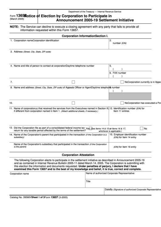 Fillable Form 13657 - Notice Of Election By Corporation To Participate In Announcement 2005-19 Settlement Initiative Printable pdf