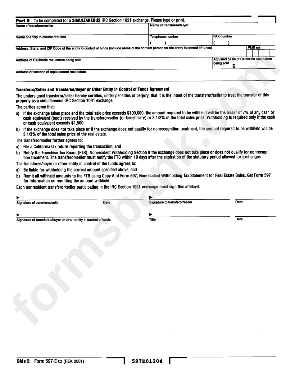 Form 597-E - Nonresident Withholding Exchange Affidavit