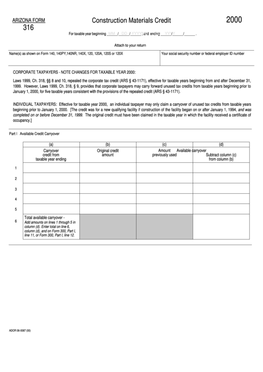 Form 316 - Construction Materials Credit - 2000 Printable pdf