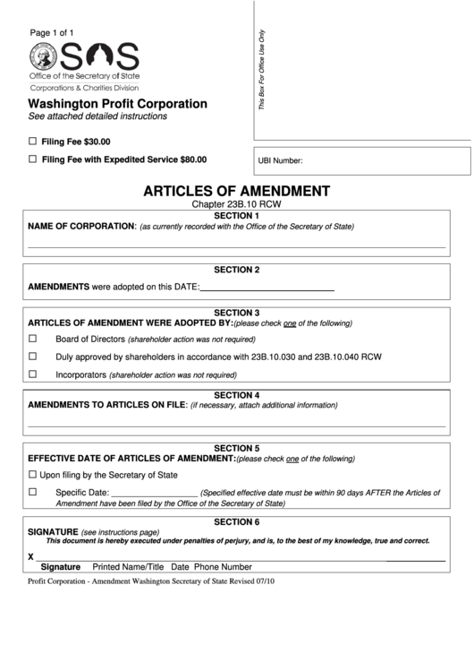 Fillable Articles Of Amendment - Washington Profit Corporation - Washington Secretary Of State Printable pdf