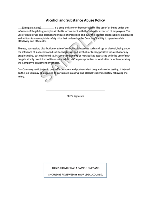 Sample Alcohol And Substance Abuse Policy Template Printable pdf