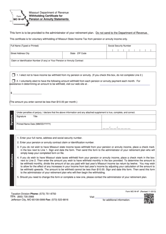 Fillable Form Mo W-4p - Withholding Certificate For Pension Or Annuity Statements - 2013 Printable pdf
