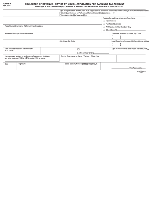Fillable Form E-9 - Application For Earnings Tax Account Printable pdf