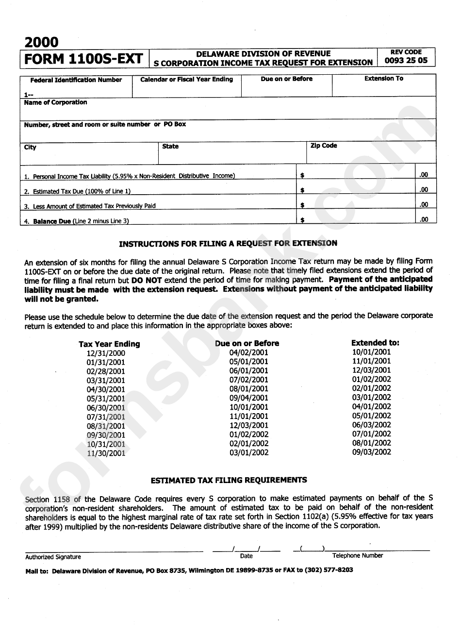Form 1100s-Ext - S Corporation Income Tax Request For Extension - 2000