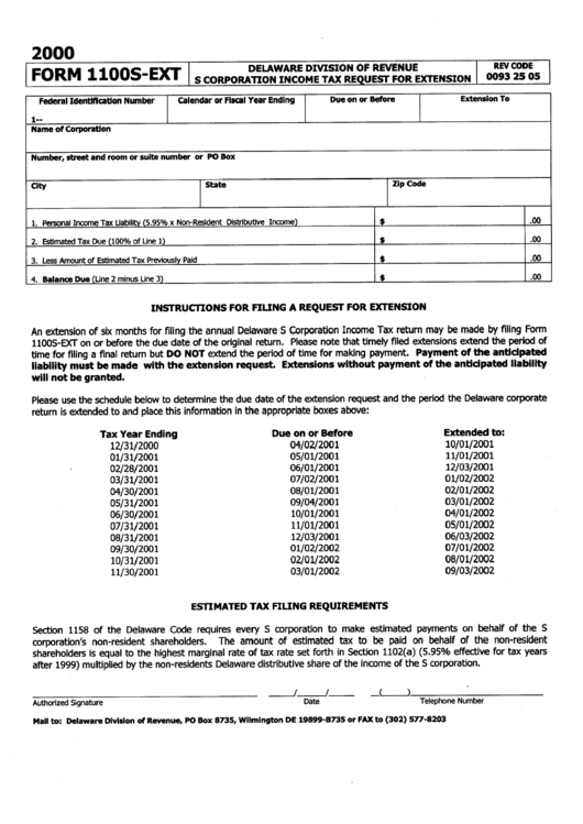 Form 1100s-Ext - S Corporation Income Tax Request For Extension - 2000 Printable pdf