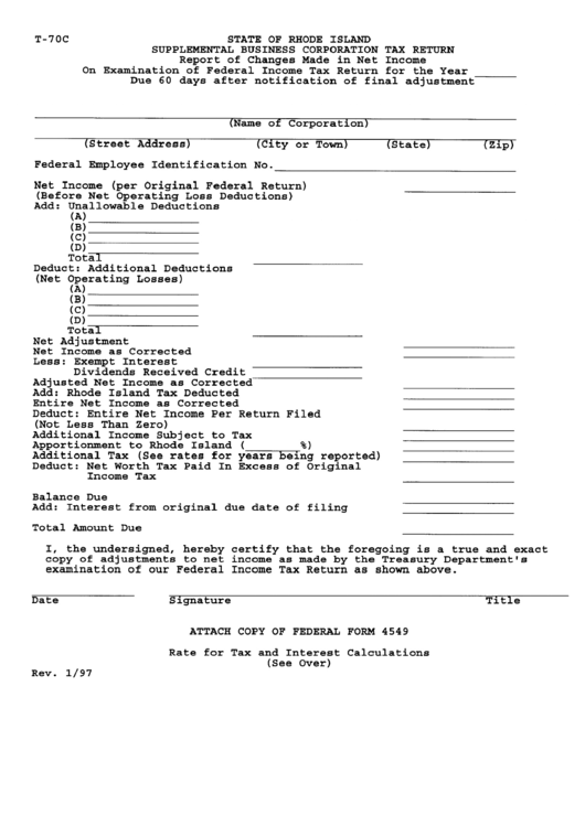 Form T-70c - Supplemental Business Corporation Tax Return Printable pdf