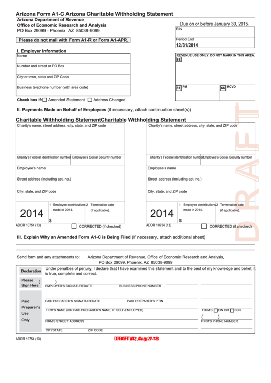 Arizona Form A1-C Draft - Arizona Charitable Withholding Statement - 2014 Printable pdf