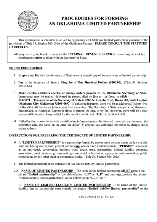 Fillable Sos Form - Certificate Of Limited Partnership - Oklahoma Limited Partnership Printable pdf