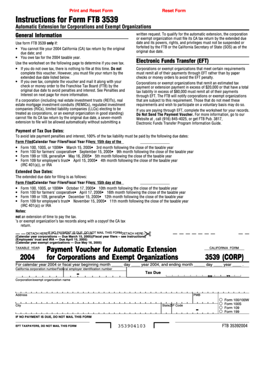 Fillable California Form 3539 (Corp) - Payment Voucher For Automatic Extension For Corporations And Exempt Organizations - 2004 Printable pdf