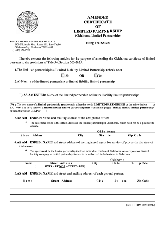 Fillable Sos Form 0029 - Amemded Certificate Of Limited Partnership - Oklahoma Limited Partnership Printable pdf