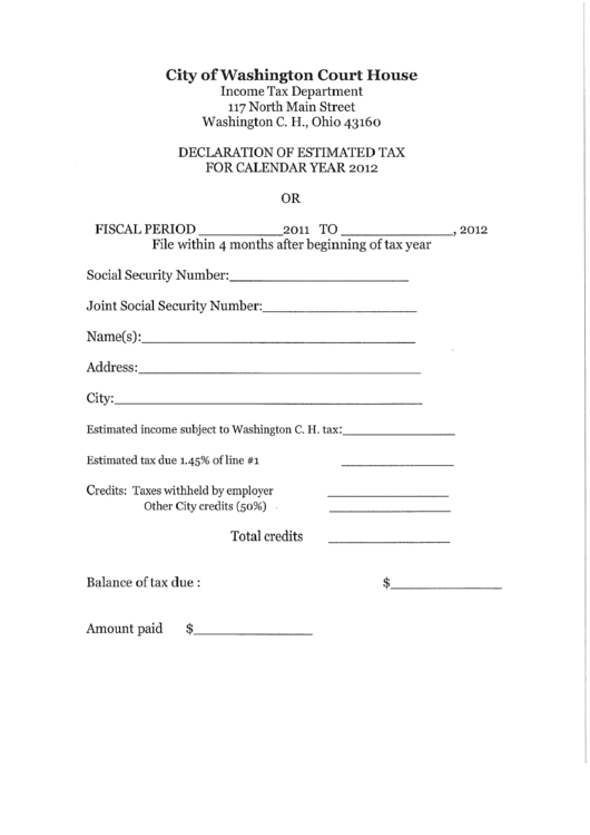 Declaration Of Estimated Tax - City Of Washington Court House - 2012 Printable pdf